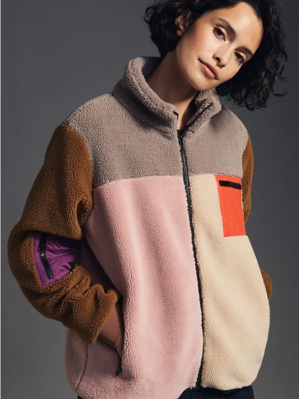 KULE The Beanie Zip-Up Fleece Jacket in multi-color block pattern size S